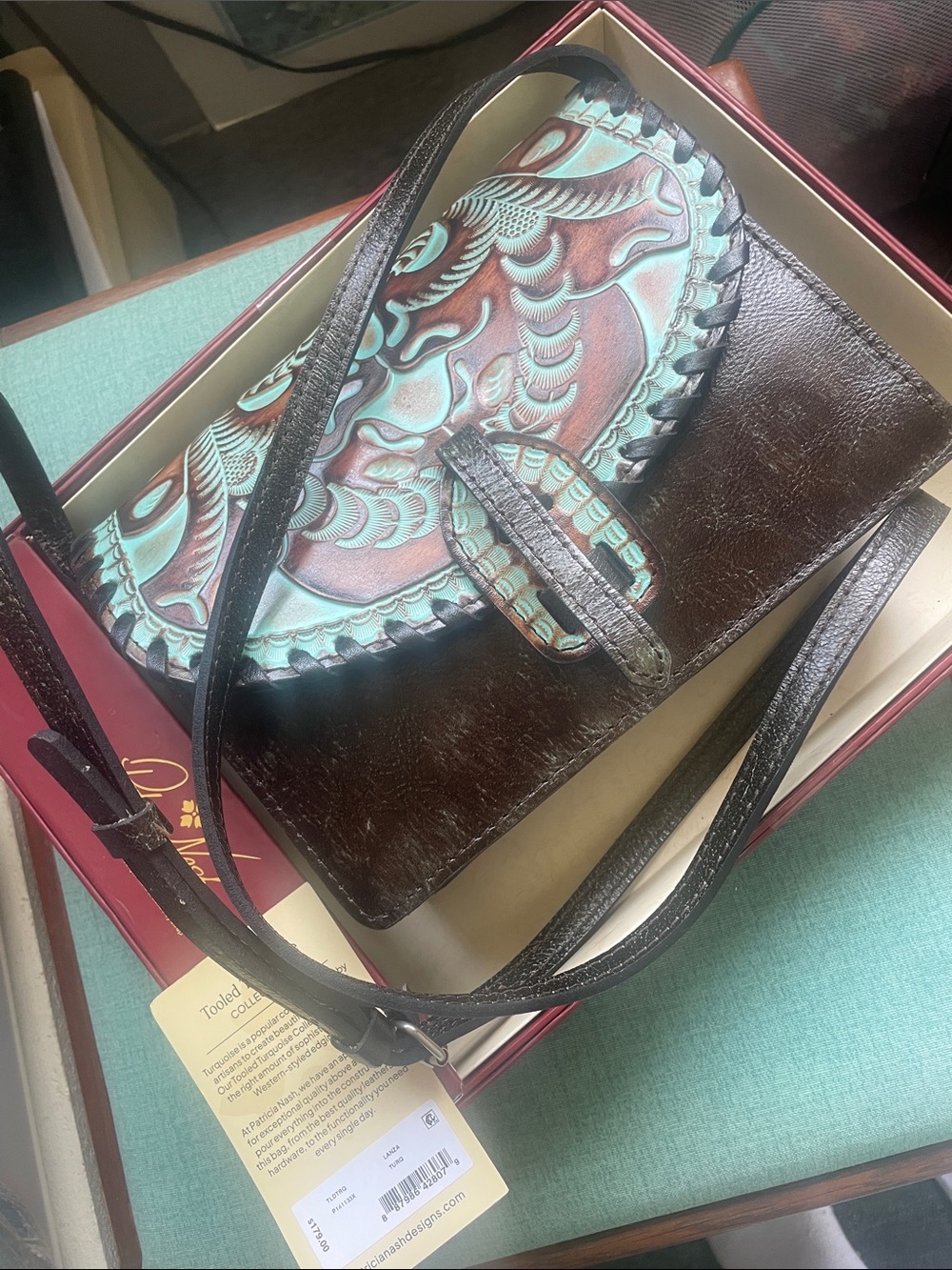Patricia Nash Brown Leather Crossbody with Turquoise Tooled Accent 9.5 x 8